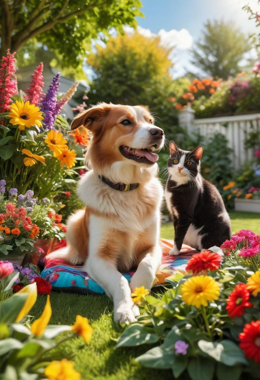 A vibrant scene of a joyous dog and cat playing together in a lush garden filled with colorful flowers and toys. The pets are surrounded by sunlight with happy expressions, while a pet owner watches and smiles in the background. Include elements such as a cozy dog bed and cat tree to emphasize a warm home environment. super-realistic. vibrant colors. natural lighting.