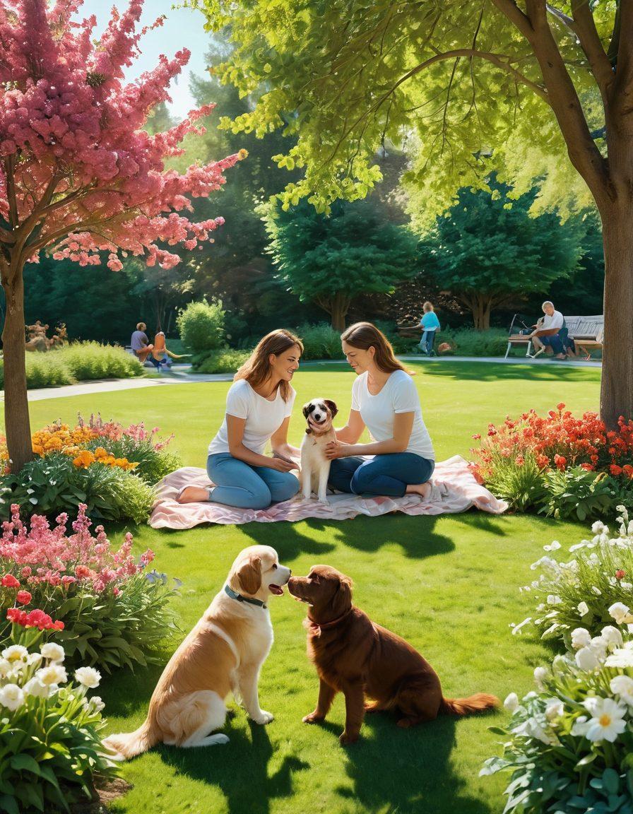 A joyful scene of a family playing with their dogs in a vibrant park full of blooming flowers and green trees. Include a cozy pet corner with toys and accessories, and happy pets interacting with their humans. Bright sunlight filtering through the leaves, creating a warm and inviting atmosphere. A subtle hint of a pet-friendly home in the background. super-realistic. vibrant colors.