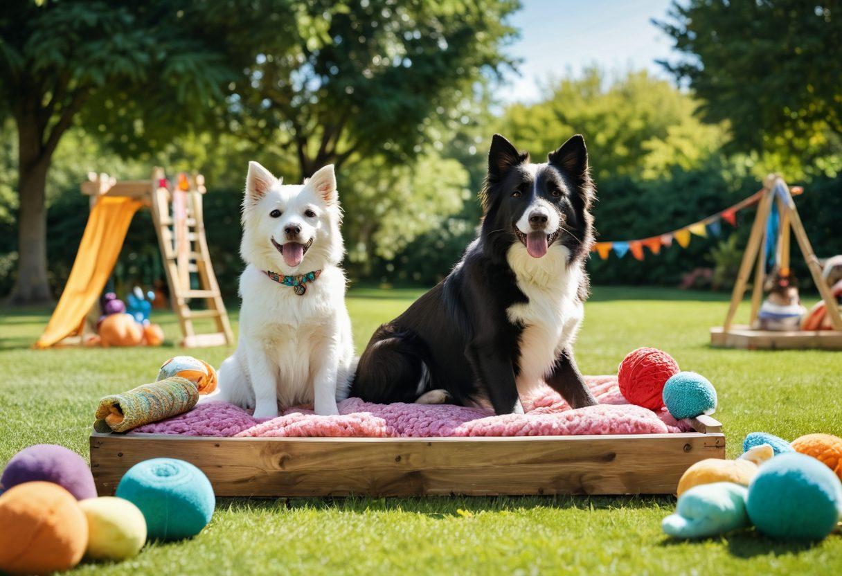 A vibrant pet wellness scene featuring a joyful dog and cat playing together in a sunny park, surrounded by colorful accessories like toys, grooming supplies, and a cozy pet bed. Include elements representing enrichment activities like an agility course and a water feature. The overall atmosphere should radiate happiness and well-being, with lush greenery and bright flowers in the background. super-realistic. vibrant colors. sunny day.